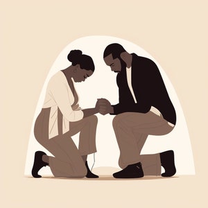 May include: A couple kneeling and holding hands in prayer. The woman is wearing a white top and beige trousers. The man is wearing a black jacket and beige trousers.