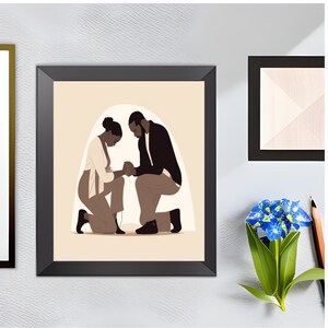May include: A digital illustration of a couple kneeling in prayer with their hands clasped together. The woman is wearing a white shirt and the man is wearing a black jacket. The background is a light beige colour.