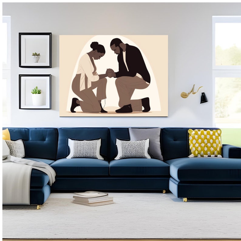 May include: A digital illustration of a couple kneeling in prayer with their hands clasped together. The woman is wearing a beige sweater and the man is wearing a black jacket. The background is a light beige colour.