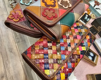 Portefeuille en cuir tressé multicolore : porte-cartes avec zip pour femme, porte-monnaie, porte-monnaie ou inserts floraux