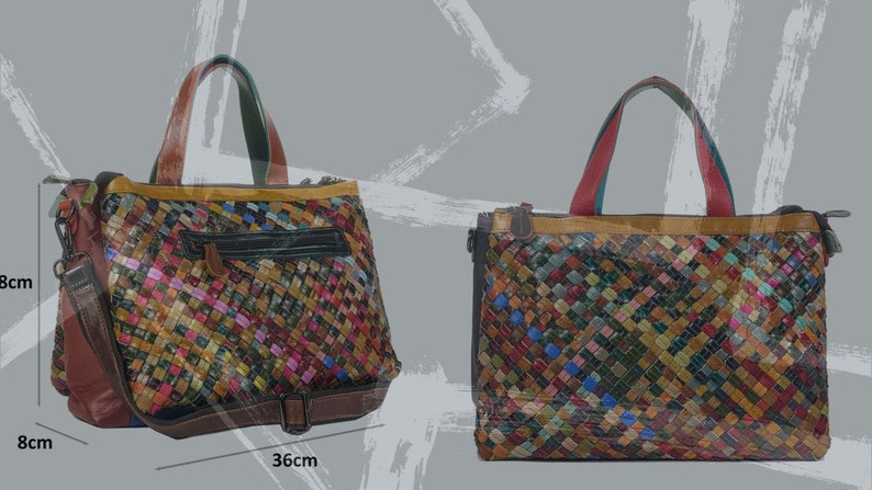 Multicolored multicolored woven leather bag made in Italy, very spacious, classic ethnic sporty style image 9