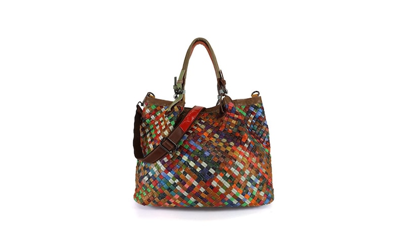 Multicolored multicolored woven leather bag made in Italy, very spacious, classic ethnic sporty style image 2