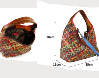 Multicolored multicolored woven leather bag made in Italy, very spacious, classic ethnic sporty style