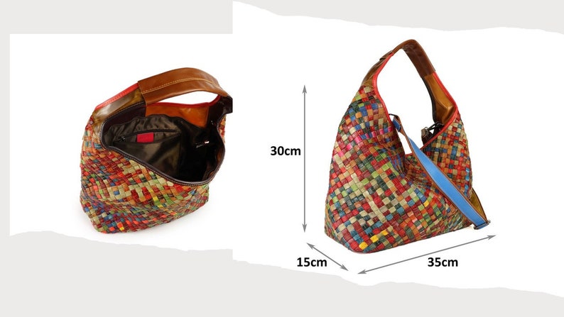 Multicolored multicolored woven leather bag made in Italy, very spacious, classic ethnic sporty style image 1