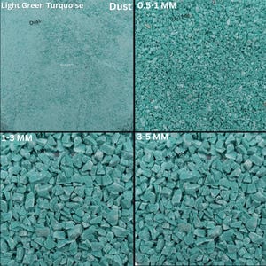 May include: Light green turquoise gravel in four different sizes: dust, 0.5-1 mm, 1-3 mm, and 3-5 mm.