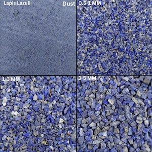 May include: Four close-up images of Lapis Lazuli stones in different sizes: dust, 0.5-1 mm, 1-3 mm, and 3-5 mm. The stones are a deep blue colour with some white and grey flecks.