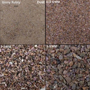 May include: Close-up image of four samples of Ginny Rubty, a type of crushed stone. The samples are labeled "Dust", "0.5-1 MM", "1-3 MM", and "3-5 MM". The stone is a reddish-brown color and has a variety of sizes and shapes.
