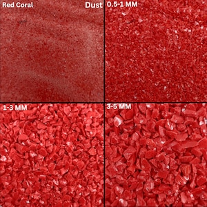 May include: Four samples of red coral in different sizes: dust, 0.5-1 mm, 1-3 mm, and 3-5 mm.