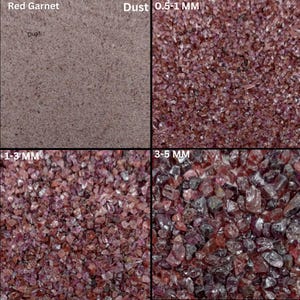 May include: Red garnet gemstone in various sizes, from dust to 3-5 mm. The image shows four samples: dust, 0.5-1 mm, 1-3 mm, and 3-5 mm.