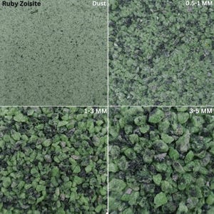 May include: Image showing Ruby Zoisite in different sizes: dust, and granules of 0.5-1 mm, 1-3 mm, and 3-5 mm. The material is a mix of green and black. The text "Ruby Zoisite" and "Dust" are visible in the image.