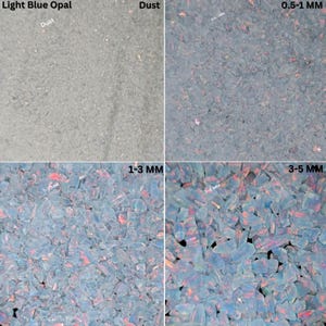 Op de afbeelding: Vier monsters van lichtblauwe opaal, variërend van stof tot 3-5 mm. De opaalstukken vertonen een mix van blauwe en rode tinten. De afbeelding is verdeeld in vier secties, elk gelabeld met de opaalgrootte.