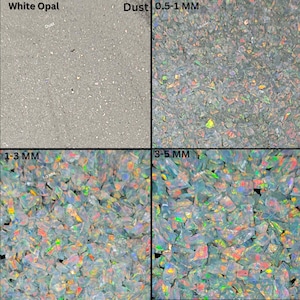 May include: A close-up image of white opal gemstone pieces in various sizes. The image shows four sections: White Opal, Dust 0.5-1 MM, 1-3 MM, and 3-5 MM. The opal pieces range in size from dust-like to 3-5 millimetres.