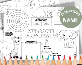 Personalized Baby Shower Coloring Placemat Printable Kids Activity Mat Custom Baby Name Color Page Kids Baby Shower Game Party Favor Sheet