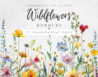 Wildflowers Watercolor Clipart Floral Borders PNG Summer Spring Flowers Bundle Set Wedding Baby Shower Greenery Invite Graphic Elements