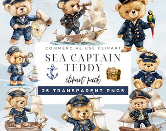 Cute Sailor Teddy Bear Clipart, Sea Captain Watercolor PNG, Baby Bear Clipart, Nautical Nursery Wall Art,Sealife Clipart,Baby Shower Graphic