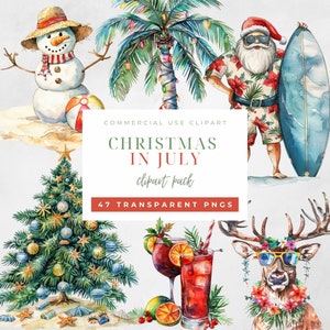 Verano Navidad en julio PNG Clipart Playa Tropical Vacaciones Santa Acuarela Paquete Set Fondo Transparente Papel Digital Craft Gráfico
