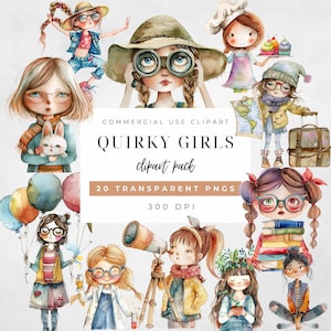Quirky Girls Clipart Acuarela PNG Paquete Conjunto Linda Chica Caprichosa Fantasía Gráfica Junk Journal Elementos Digital Paper Craft Uso Comercial