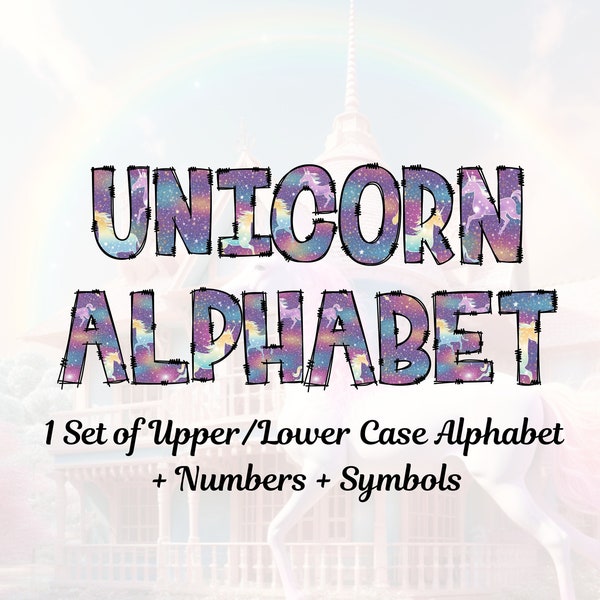 Unicorn Sparkle Doodle Alphabet Letters Numbers Symbols Unicorn Font PNG Unicorn Sublimation Digital Download Alpha Doodle Set
