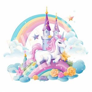 Rainbow Unicorn PNG Background Digital Paper Craft Watercolour Clip Art Fantasy Magical Unicorn Castle png graphic Unicorn Birthday