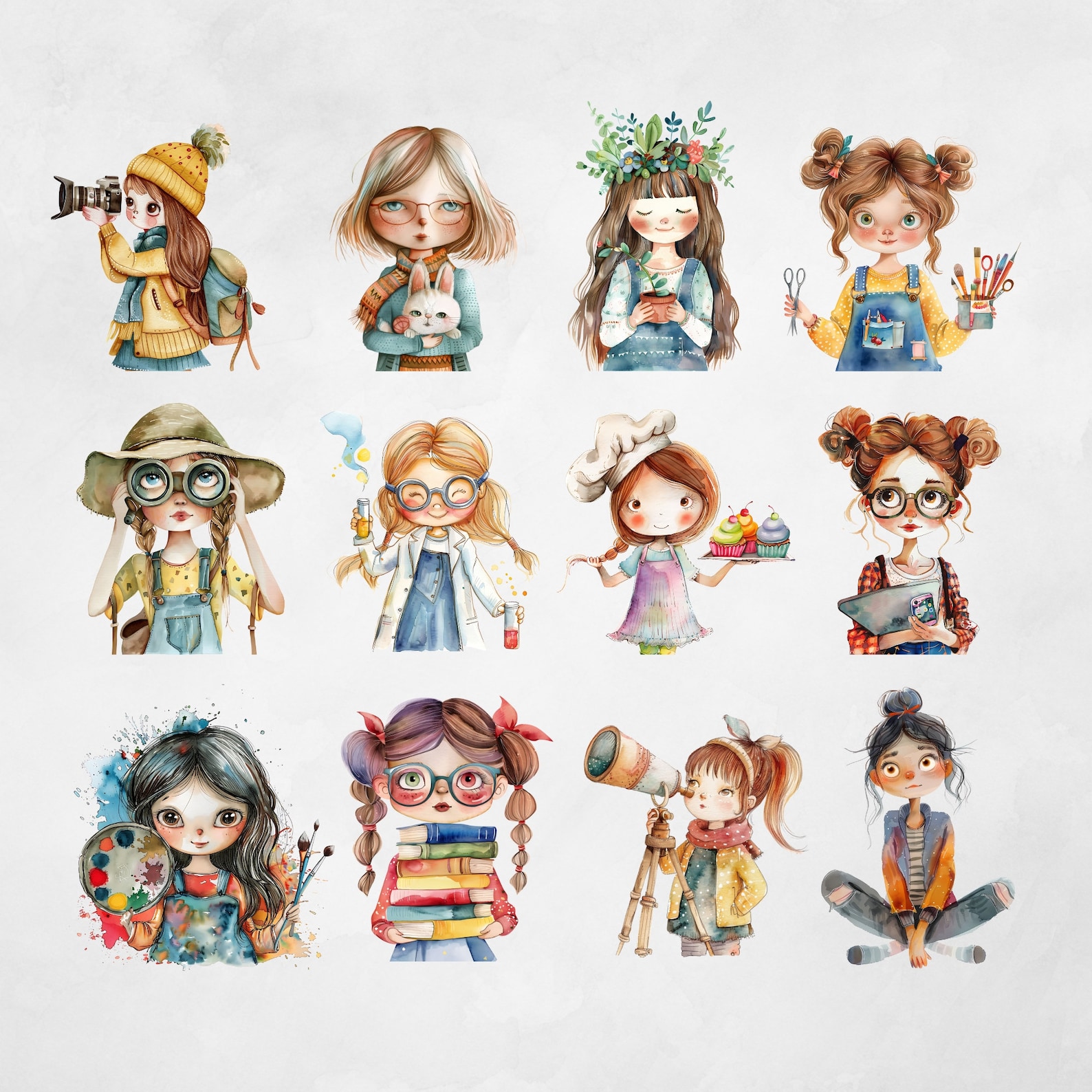 Quirky Girls Clipart Watercolor PNG Bundle Set Cute Whimsical Girl ...