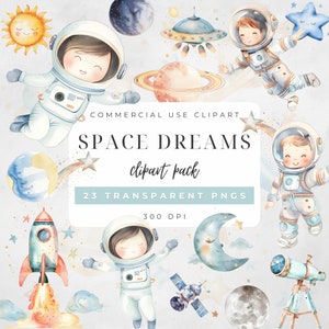 Watercolor Space Clipart Set Astronaut Theme Kids Birthday Baby Shower Graphic Nursery Wall Art Solar Planet Element Cosmic Instant Download
