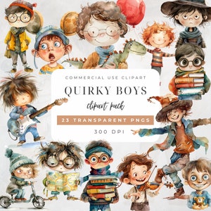 Quirky Boys Clipart Watercolor PNG Bundle Set Cute Whimsical Boy Graphic Fantasy Junk Journal Elements Digital Paper Craft Commercial Use