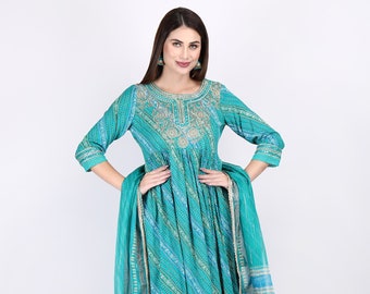 Beautiful Indian Designer Embroidered Turquoise Blue A- Line Kurta Pant set & Dupatta with Potli, 4pc Partywear Salwar Kameez stitched