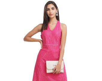 Pink Weaves Women Pink Lurex A-Line Kurta With Printed Salwar