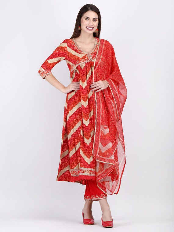 white christmas dresses Neet Pink Bandhej Alia Cut Kurti With Pant & Dupatta – EverBloom