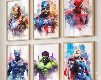 Set of 6 Watercolor Avengers Posters - Gift for Boys, Nursery Wall Art, Playroom Decor, Birthday Gift, Printable Superhero Prints