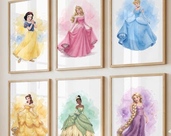 Set of 13 Princess Wall Art, Watercolor Princess Prints, Digital Nursery Decor, Girls Room Wall Art, Printable Princess (Digital Download)