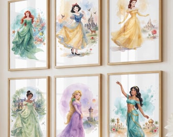 Princess Watercolor Set of 6, Ariel Belle Snow White Rapunzel Tiana Jasmine Wall Art, Girls Room Decor (Digital Download)