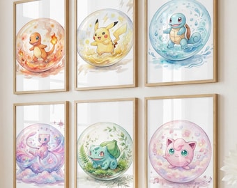Set of 8 Pokemon Nursery Wall Art, Watercolor Prints, Boys Room Decor (Digital Download)