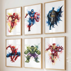 Set of 6 Watercolor Superhero Posters - Gift for Boys, Nursery Wall Art, Playroom Decor, Birthday Gift, Printable Superhero Prints