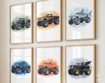 Monster Truck Set of 6 Wall Art, Watercolor Monster Truck Prints, Monster Truck Nursery Poster Set, Boys Room Printable (Digital Download)