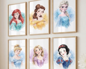 Set of 13 Princess Portraits, Watercolor Portrait Print, Digital Room Decor, Printable Princess Wall Art (Digital Download)