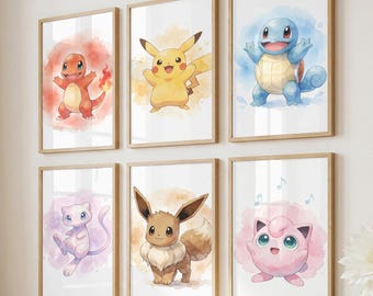 Set of 10 Pokemon Wall Art, Watercolor Prints, Digital Nursery Decor, Boys Room Wall Art, Printable Pokemon (Digital Download)