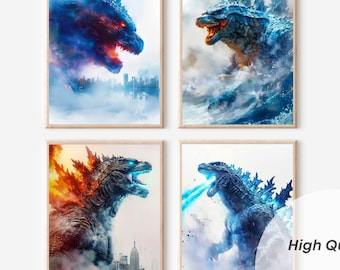 Godzilla Wall Art Set of 4, King of the Monsters Poster, Kaiju Home Decor, Japanese Movie Fan Gift, Shin Godzilla Art Decor Digital Download