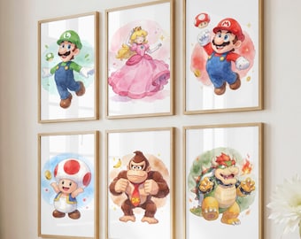 Mario Poster Set of 6, Luigi, Peach, Bowser, Toad, Donkey Kong Print, Watercolor Mario Nursery Wall Art, Mario Printable (Digital Download)