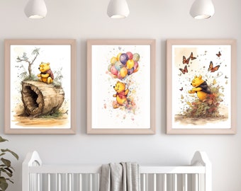 Lot 3 Affiches Winnie l'Ourson Aquarelle Pour Décoration Chambre De Bébé Ou d’Enfant - Cadeau De Naissance