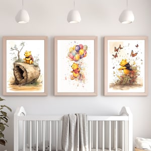 Set of 3 Classic Winnie the Pooh Watercolour Prints, Nursery Wall Art Decor, Pooh Digital Download