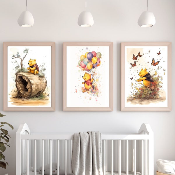 Lote de 3 carteles en acuarela de Winnie the Pooh para decoración de la habitación del bebé o del niño - Regalo de nacimiento