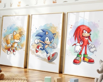 Sonic Watercolor Wall Art, Set of 3 Knuckles Tails Prints, Poster Set, Gaming Kids Room Decor (Digital Download)