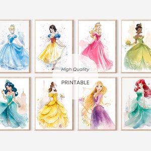 9 carteles de pared de princesa para decoración de habitación de niños, conjunto imprimible con tema de hadas, póster Digital para habitación de niña bebé