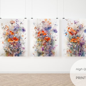 Colorful Wildflower Art, Set Of 3, Watercolor Flowers, Bright Floral Prints, Digital Download, Printable Flower Watercolors