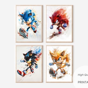 4 Sonic Poster Knuckles Shadow Tails Poster Acuarela Regalo Decoración Decoración de la pared de la habitación de los niños