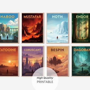 Puede incluir: Conjunto de ocho láminas artísticas con paisajes estilizados de un universo de ciencia ficción. Cada lámina muestra un planeta diferente con su nombre en negrita. Las láminas tienen una estética de cartel de viaje vintage.