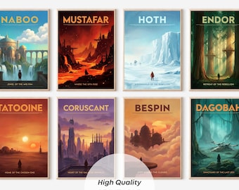 Pósteres de viaje vintage de Star Wars (juego de 8), descarga digital, Tatooine, Hoth, Dagobah, arte de pared retro, impresiones de planetas, regalo