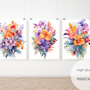 Colorful Wildflower Art, Set Of 3, Watercolor Flowers, Bright Floral Prints, Digital Download, Printable Flower Watercolors