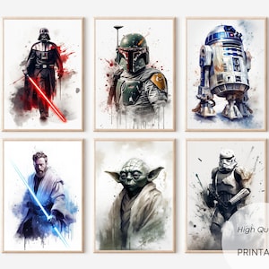 Star Wars Set of 6- Printable Wall Art- Darth Vader Poster- Obi Wan Kenobi Print- Yoda Watercolor Art- Star Wars Gift- Digital Download